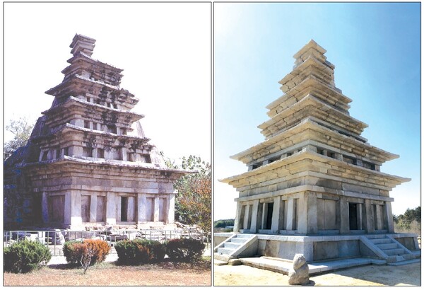 ▲ 국보 11호 익산 미륵사지 석탑의 복원 전(왼쪽)과 복원된 후(오른쪽)의 모습.