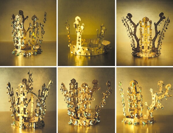 사진 왼쪽 위부터 시계 방향으로 금관총, 교동, 금령총, 황남대총, 천마총, 서봉총금관. /국립경주박물관제공